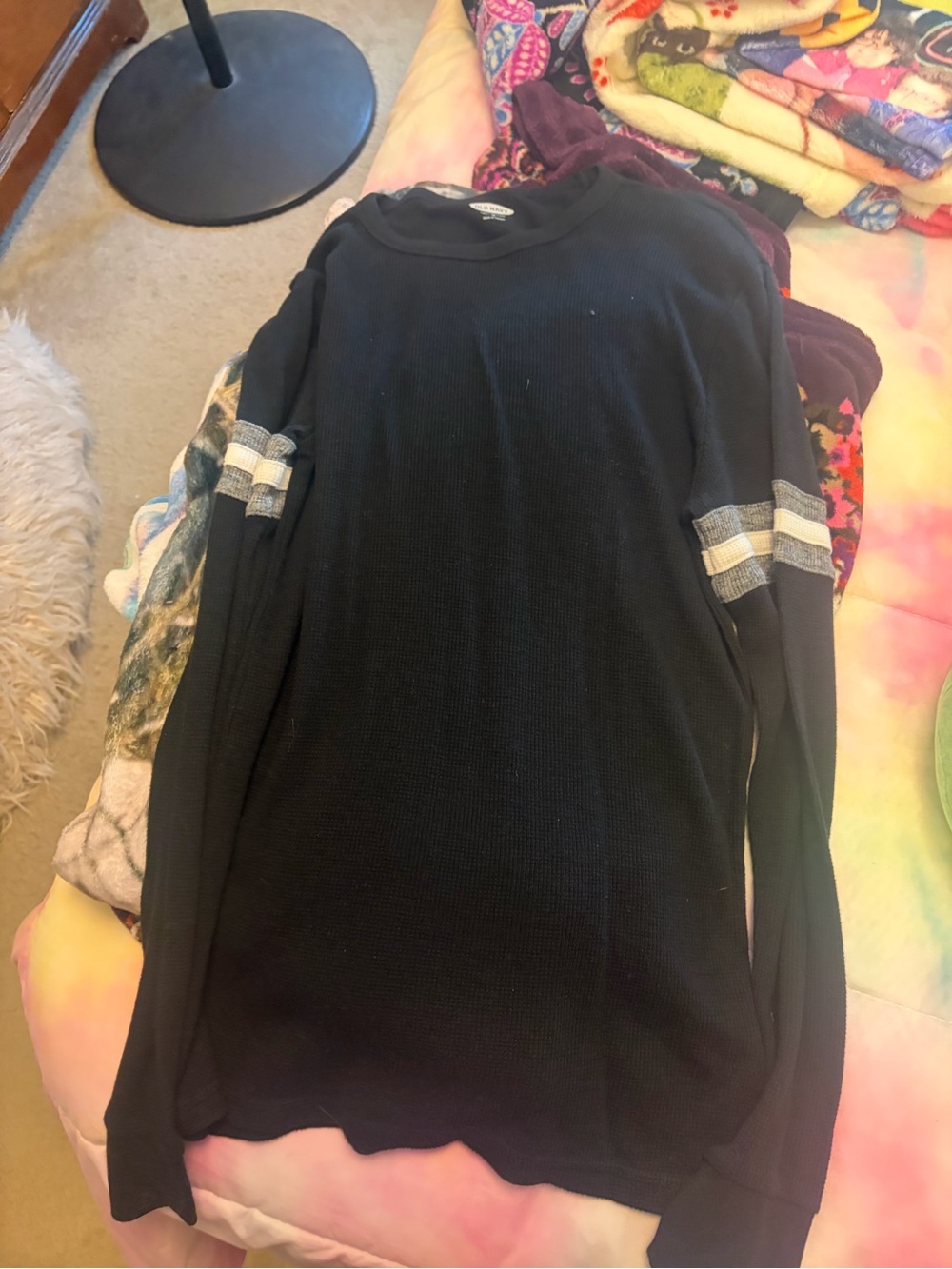 Old Navy Black Crewneck Sweater with Contrast Sleeve Stripes